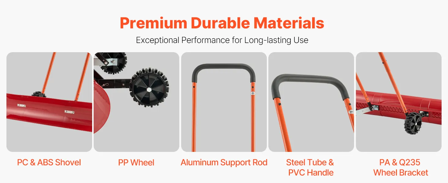 VEVOR Snow Pusher Shovel with Wheels, 37.8 in Wheeled Snowplow Shovel with Bi-Directional Angled Blade & 90° Adjustable Handle, Durable Plastic Winter Shovels, Portable Snow Removal Tool for Driveway