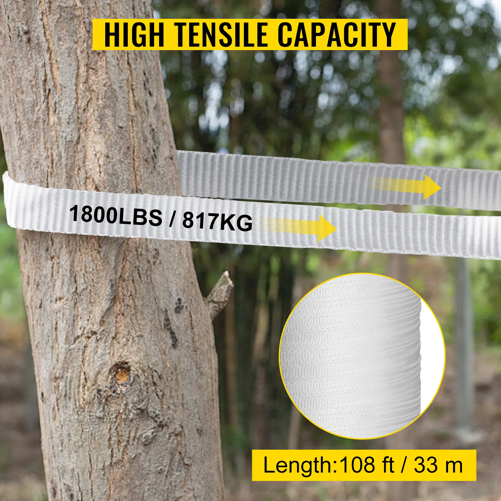 Cinta de tracción de poliéster VEVOR de alta resistencia alrededor de un árbol, 108 pies de largo, capacidad de 1800 libras.