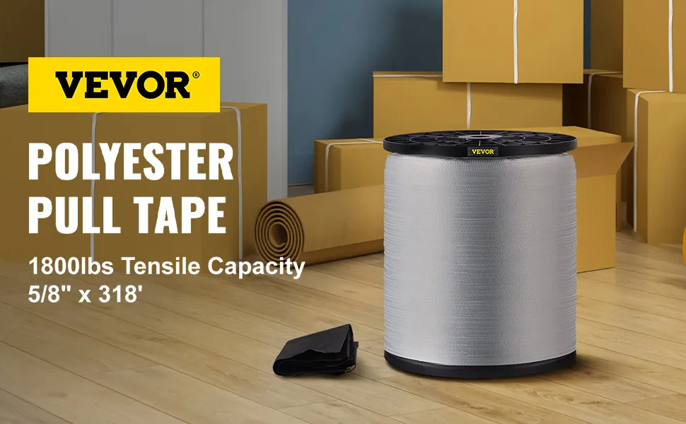 Cinta de tracción de poliéster VEVOR, capacidad de tracción de 1800 lb, 5/8" x 318', en un entorno de embalaje.