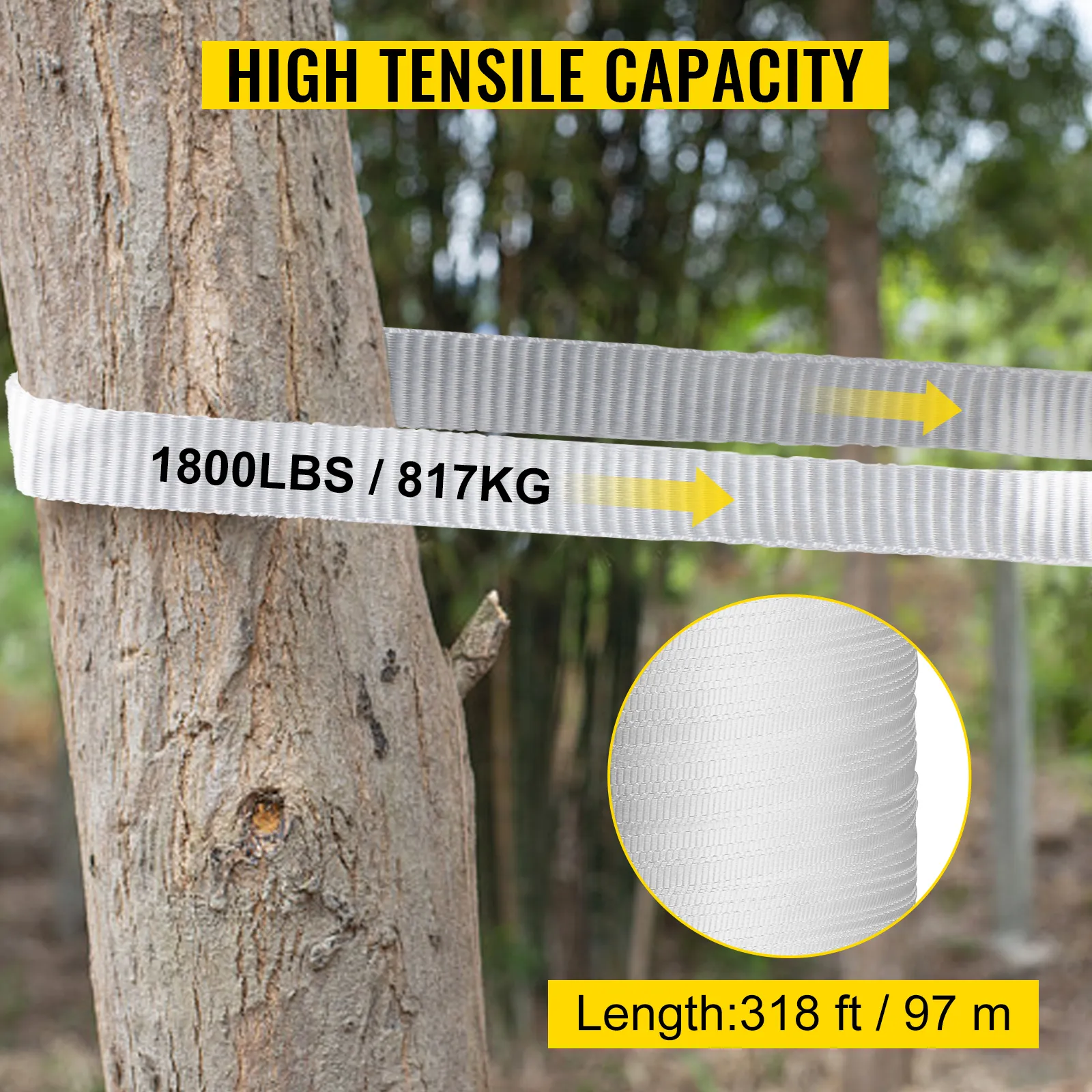 Cinta de tracción de poliéster VEVOR atada a un árbol, que muestra una capacidad de tracción de 1800 lb/817 kg.