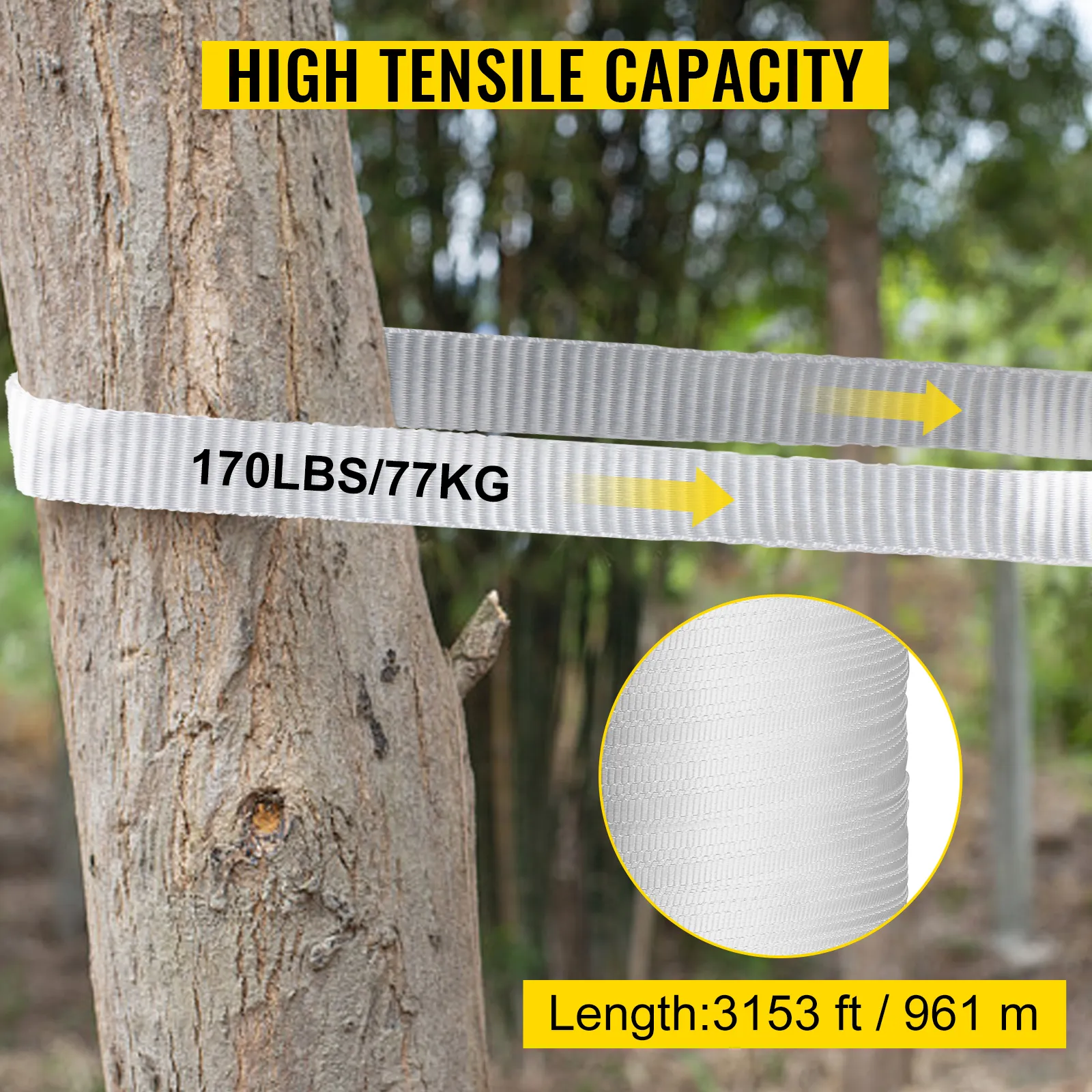 Cinta de tracción de poliéster VEVOR envuelta alrededor de un árbol con alta capacidad de tracción, 170 lb/77 kg.