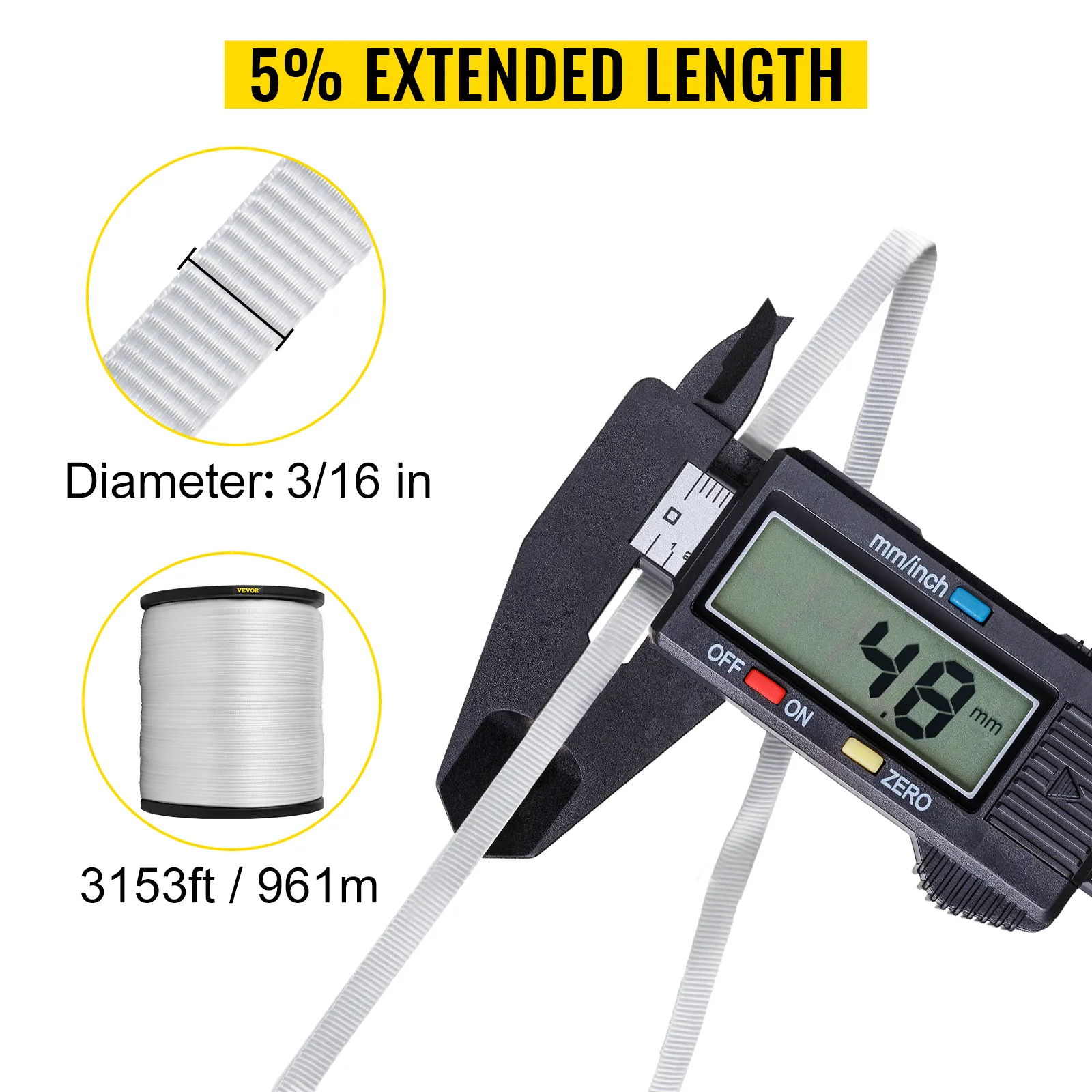 Cinta de tracción de poliéster VEVOR, 5 % de longitud extendida, 3/16 de diámetro, rollo de 3153 pies.
