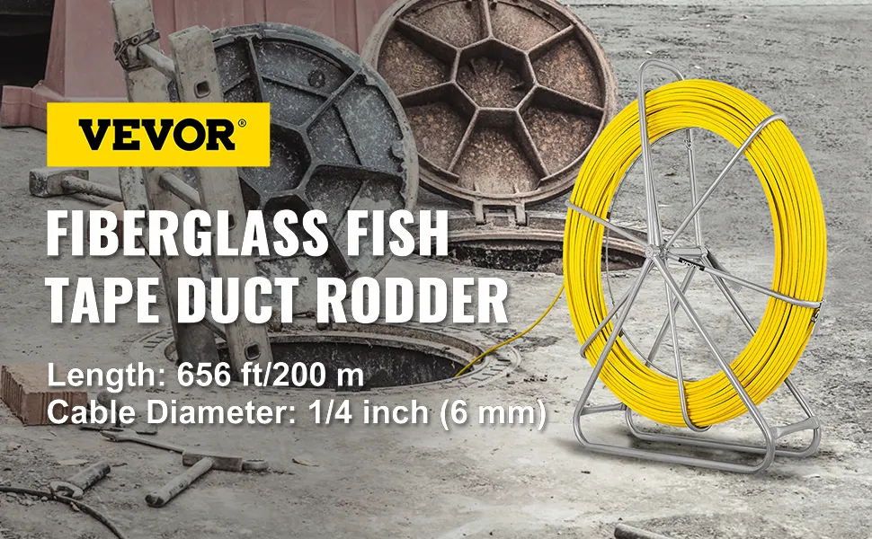 VEVOR fish tape duct rodder near open manholes on concrete surface.