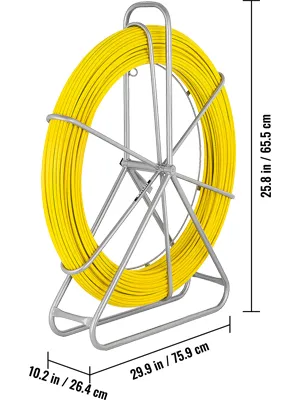 yellow VEVOR fish tape with a metal stand, 25.8 in height and 29.9 in width.