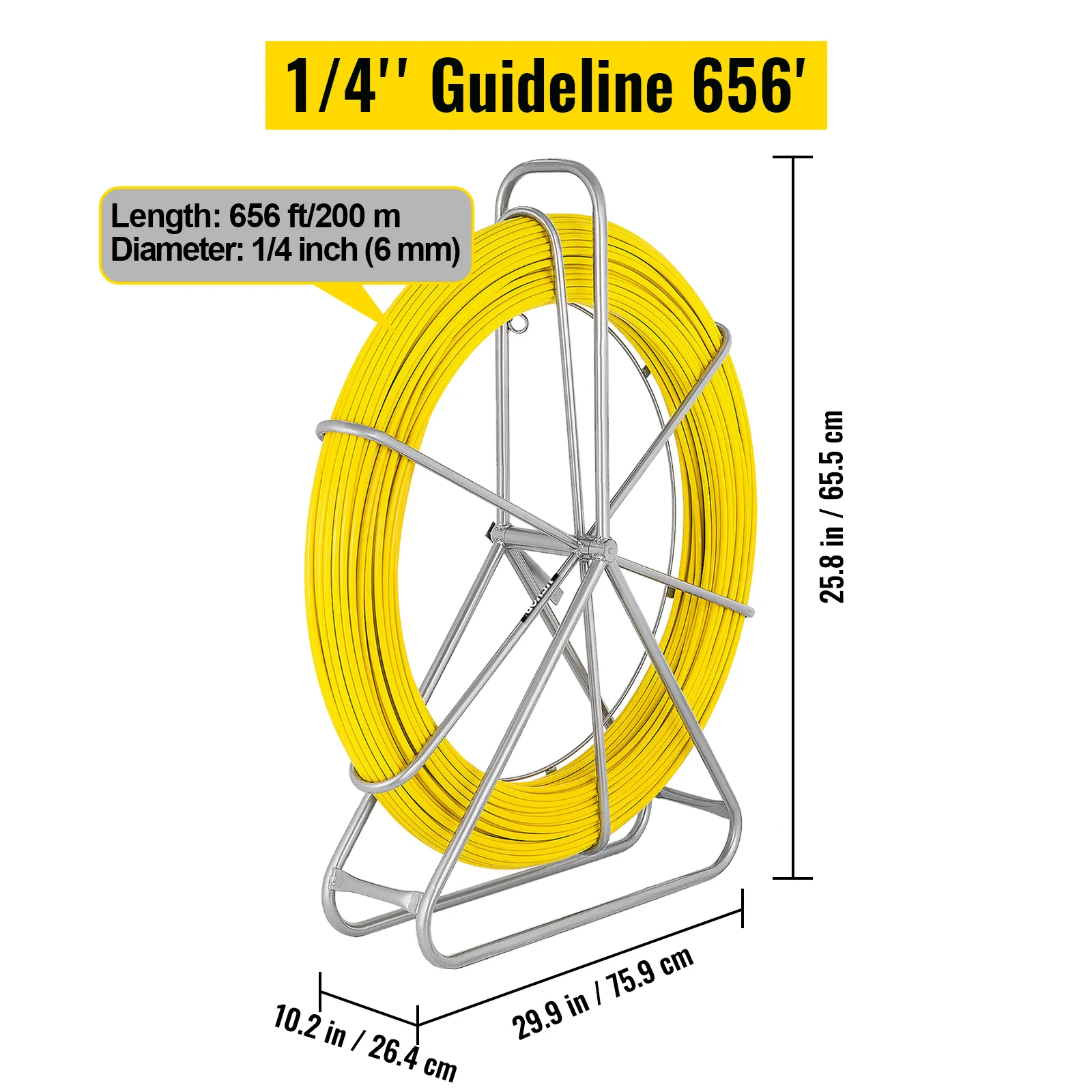 VEVOR fish tape, 1/4" x 656 ft, yellow wire on a metal reel.