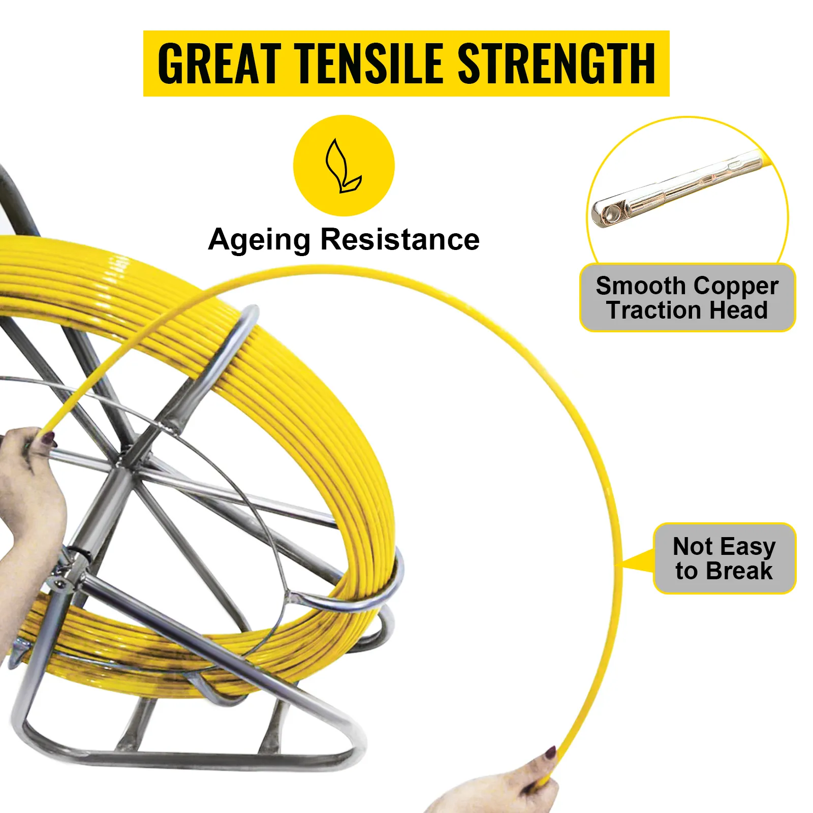 VEVOR fish tape: great tensile strength, ageing resistance, smooth copper traction head.