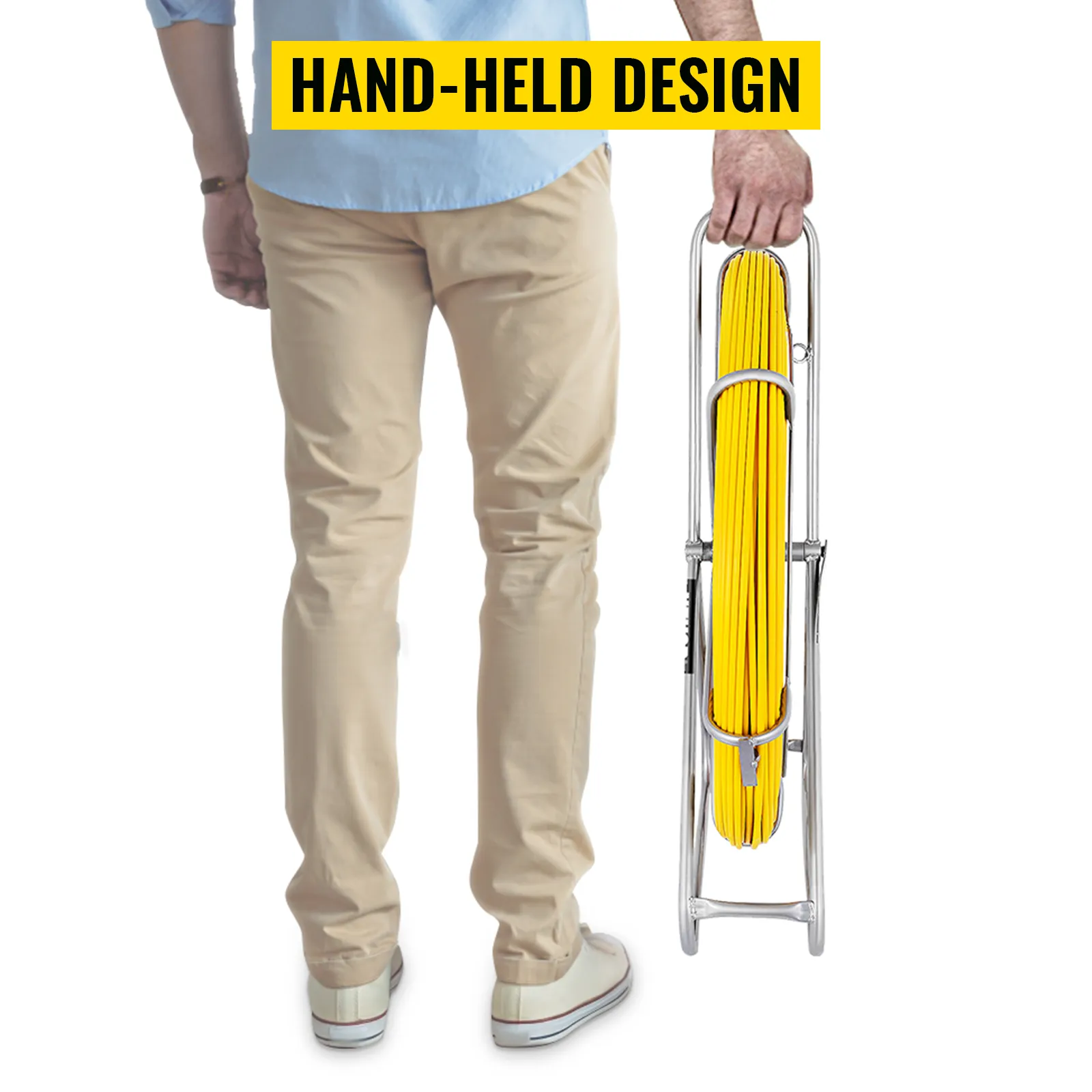 hand-held VEVOR fish tape with yellow cord, carried by person in beige pants.