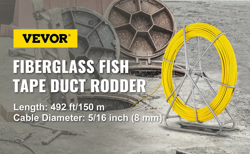 yellow VEVOR fiberglass fish tape duct rodder near open sewer manholes, 492 ft long.