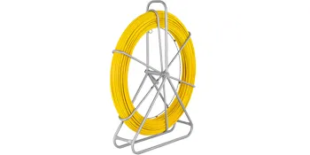 yellow VEVOR fiberglass fish tape coiled on a silver metal stand.