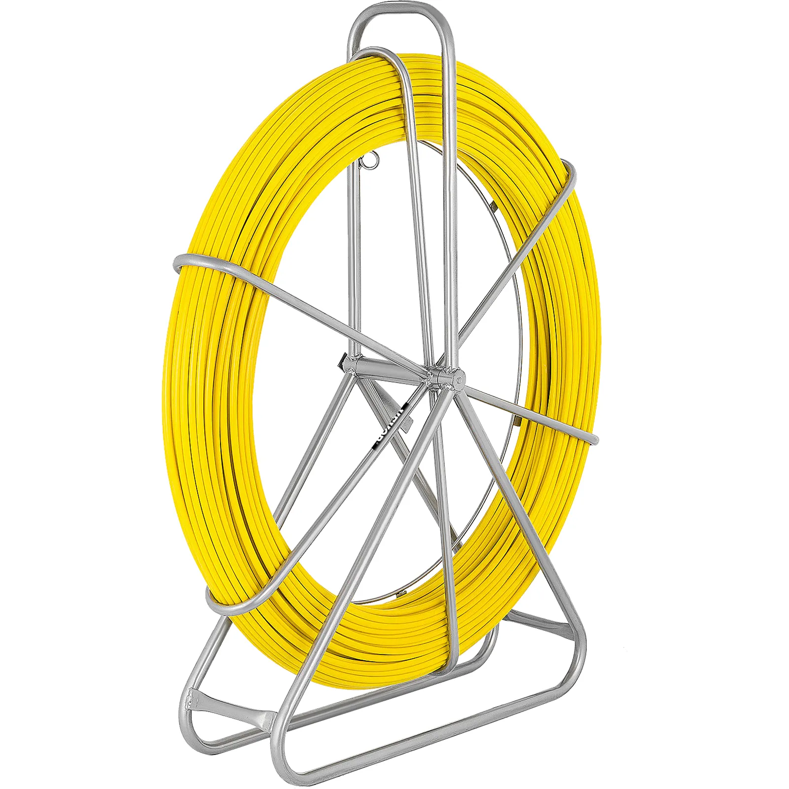 yellow VEVOR fiberglass fish tape on metal reel holder.