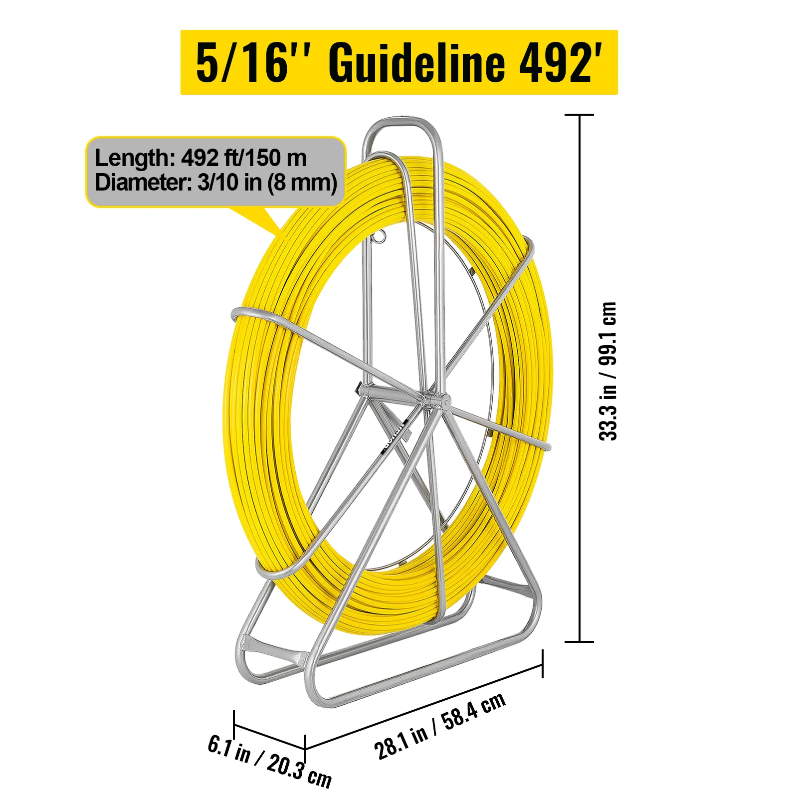 VEVOR fiberglass fish tape 492’ length, 5/16" diameter, yellow, with dimensions, 33.3" height.