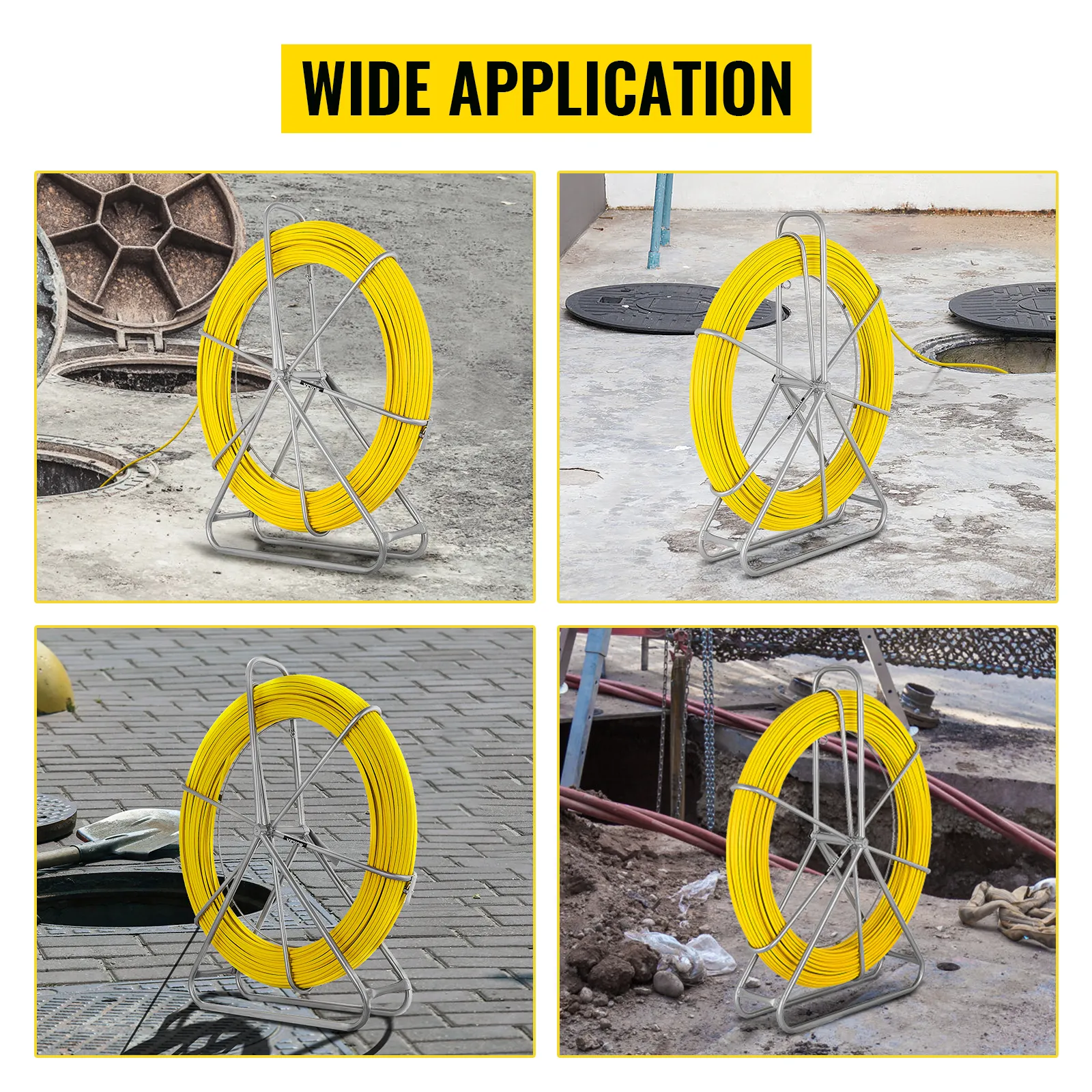 VEVOR fiberglass fish tape on metal stands with various job site applications.