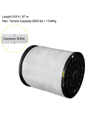 VEVOR polyester pull tape, 318 ft, 2500 lbs tensile capacity, 3/4 in diameter spool.