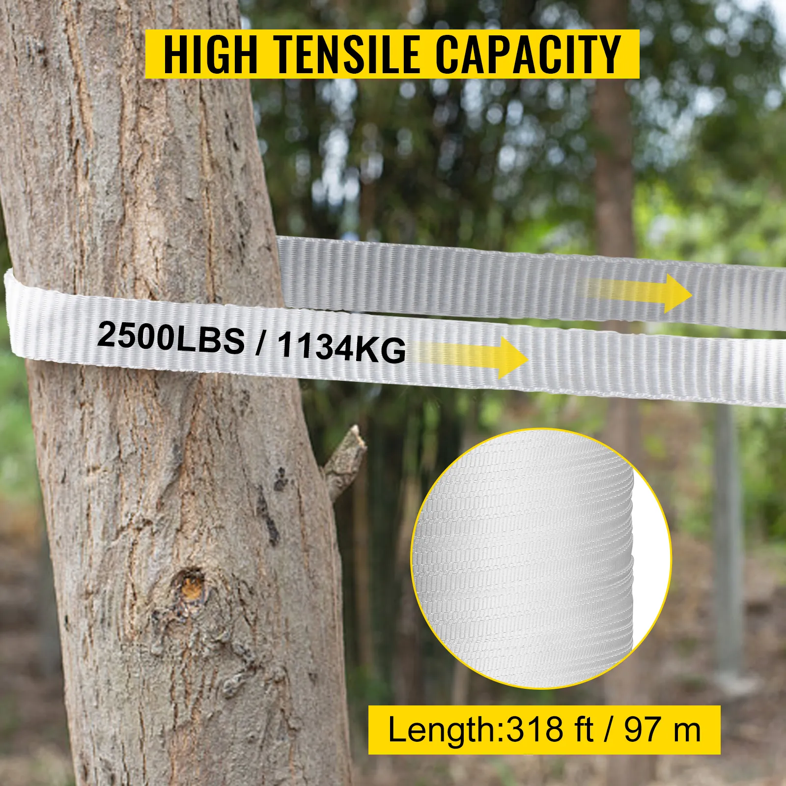VEVOR polyester pull tape, 2500lbs capacity, 318 ft length, tied around a tree.