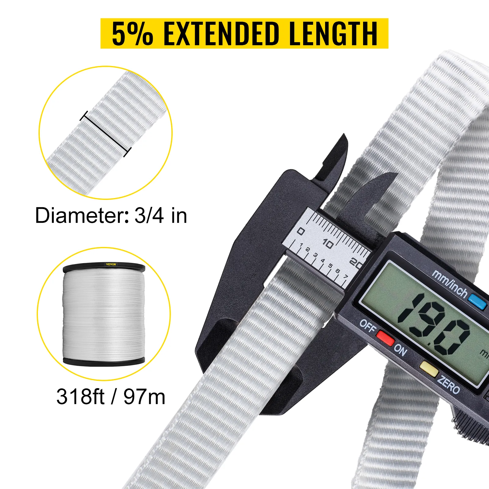 5% extended length VEVOR polyester pull tape, 3/4-inch diameter, 318ft reel.