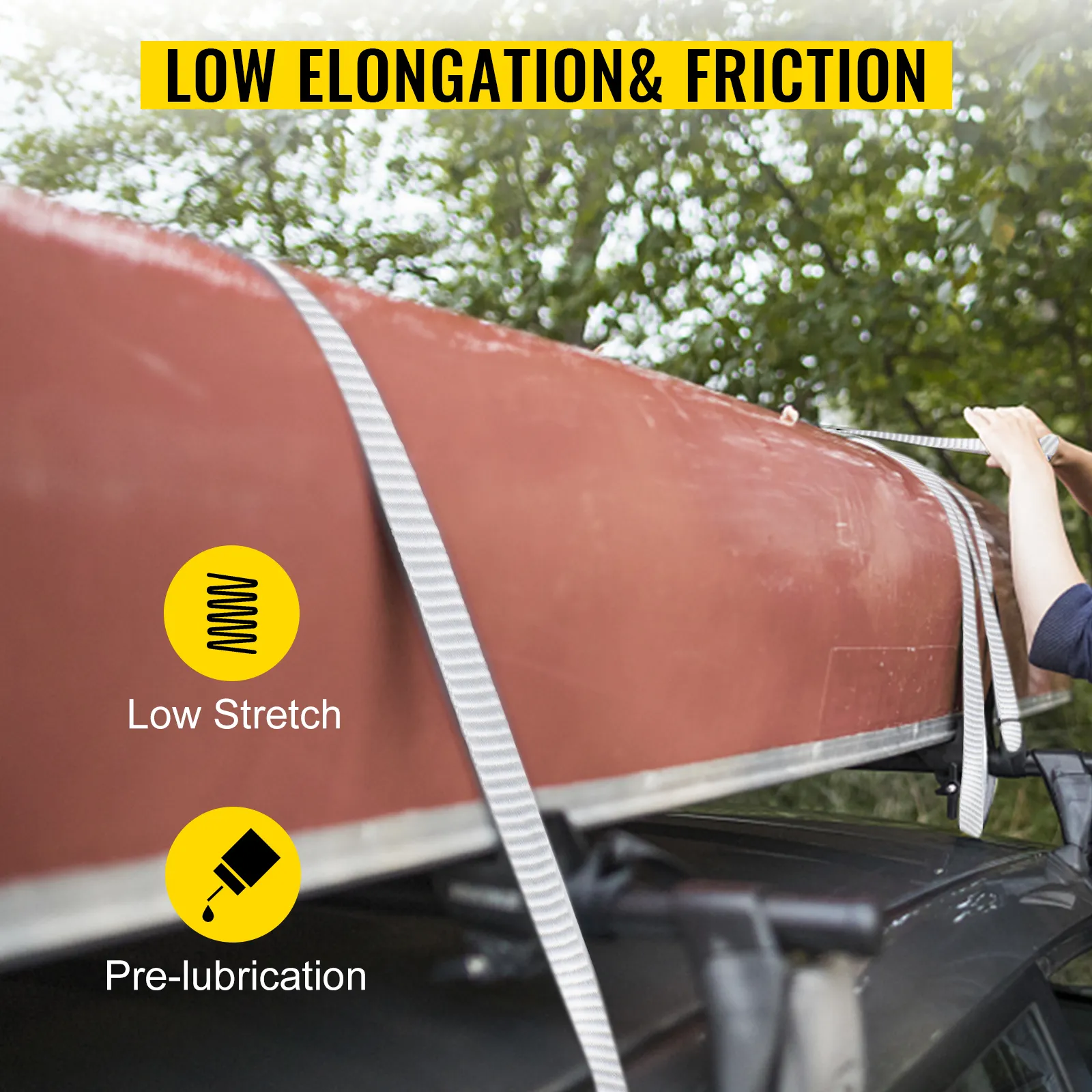 VEVOR polyester pull tape securing red kayak with low stretch and pre-lubrication.