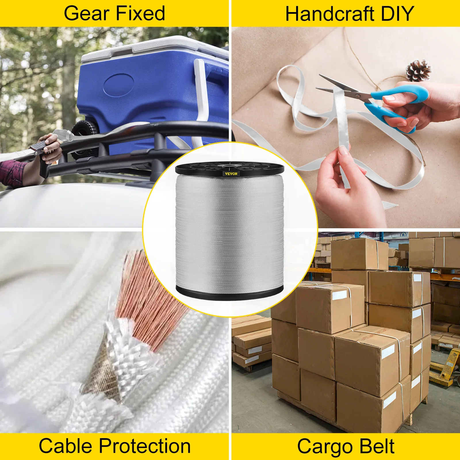 VEVOR polyester pull tape uses: gear fixed, handcraft diy, cable protection, cargo belt.