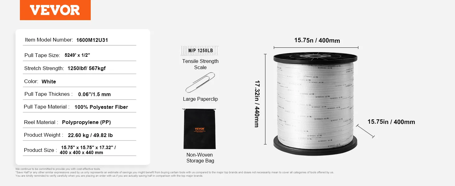 VEVOR polyester pull tape specifications with spool dimensions and tensile strength.