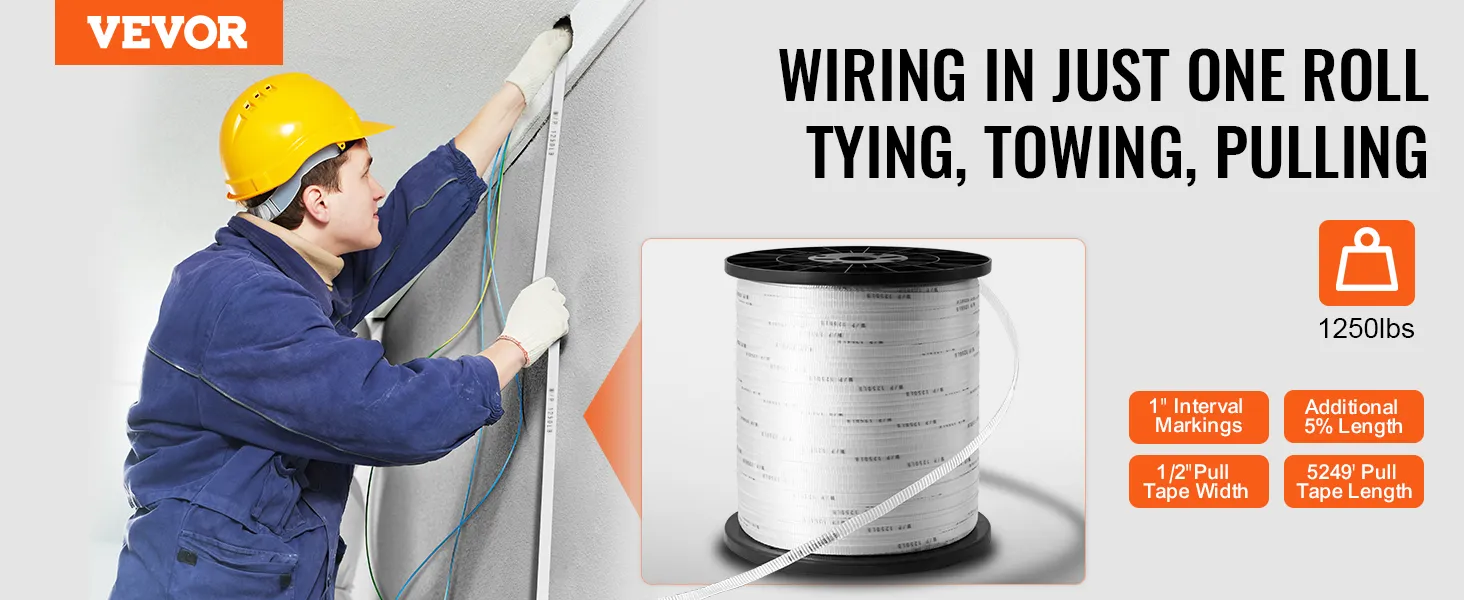 VEVOR polyester pull tape features for easy wiring, towing, and pulling with 1" interval markings, 5249' pull tape length.
