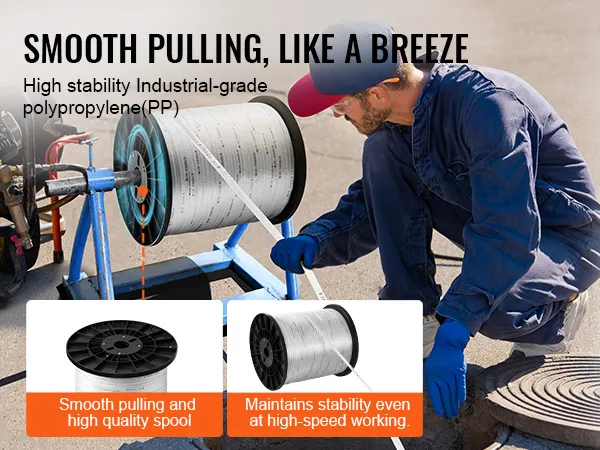 worker using VEVOR polyester pull tape with high-quality spool, showcasing smooth pulling and stability.