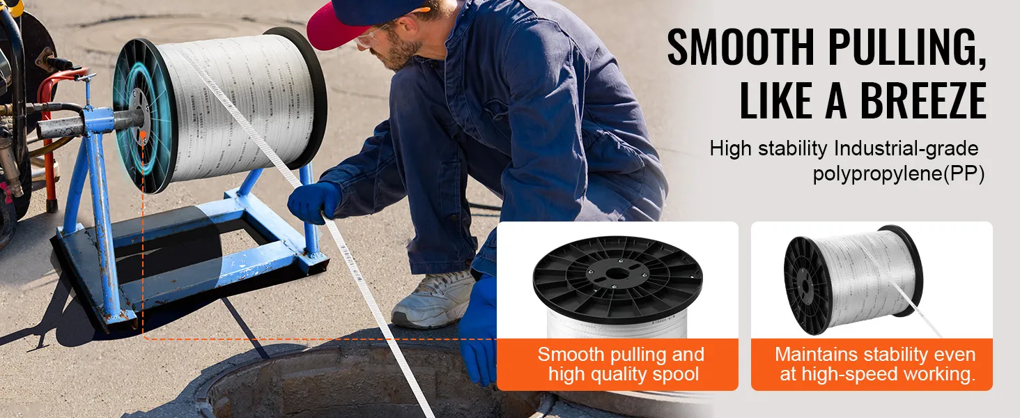 worker using VEVOR polyester pull tape with high-quality spool, showcasing smooth pulling and stability.