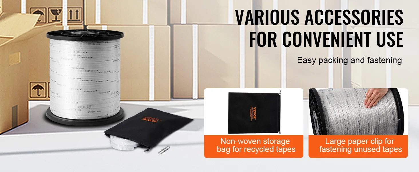 VEVOR polyester pull tape with non-woven storage bag and paper clip for easy packing and fastening.