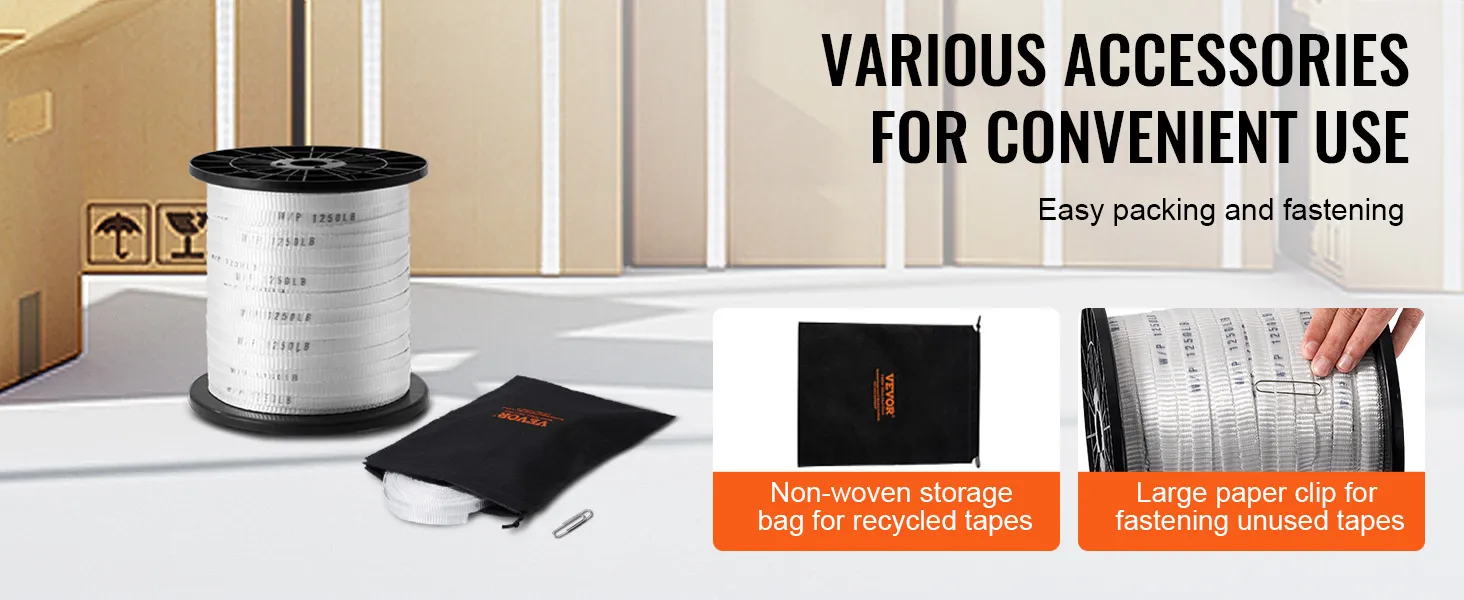 VEVOR polyester pull tape with non-woven storage bag and paper clip for easy packing and fastening.