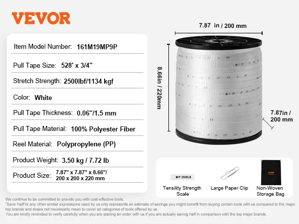 VEVOR pull tape specifications: 528' x 3/4", 2500lbf stretch strength, 100% polyester fiber, 3.5kg weight.