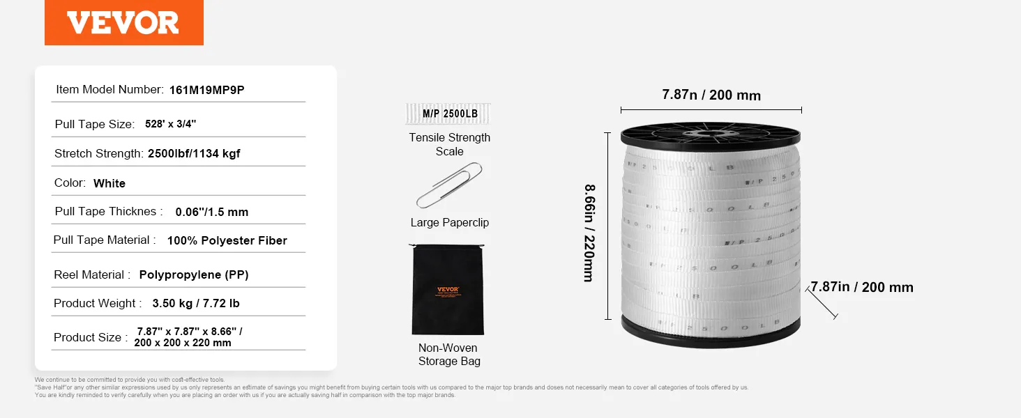 VEVOR pull tape specifications: 528' x 3/4", 2500lbf stretch strength, 100% polyester fiber, 3.5kg weight.