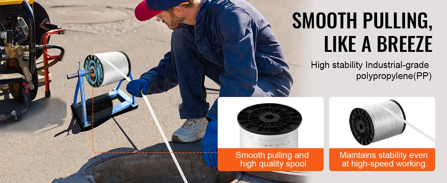 VEVOR pull tape ensures smooth pulling with high stability, industrial-grade polypropylene, and quality spool.