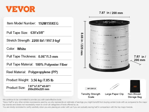 VEVOR polyester pull tape on reel, 2200 lbf strength, 630'x5/8", dimensions 8.66"x7.87".