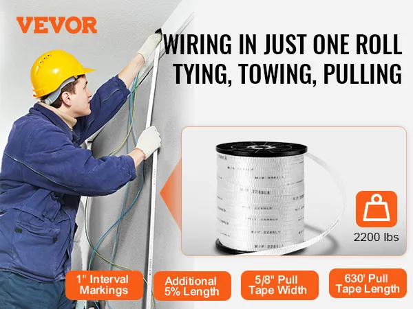 electrician using VEVOR polyester pull tape for tying, towing, pulling, featuring 2200 lbs capacity.