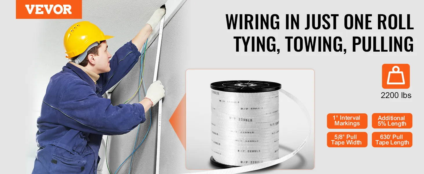 electrician using VEVOR polyester pull tape for tying, towing, pulling, featuring 2200 lbs capacity.