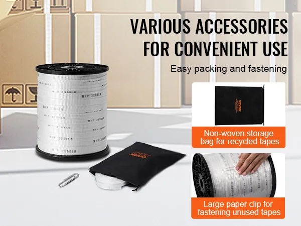 various accessories for VEVOR polyester pull tape: storage bag, large clip, and tape spool with boxes.