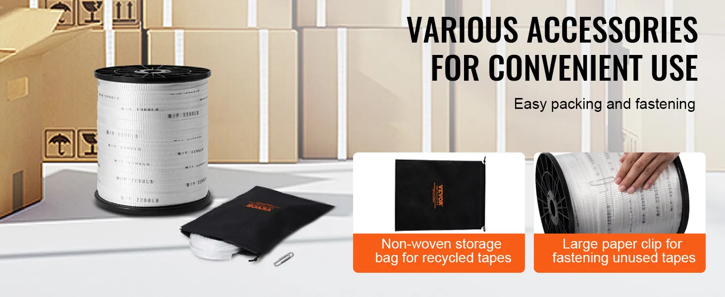various accessories for VEVOR polyester pull tape: storage bag, large clip, and tape spool with boxes.