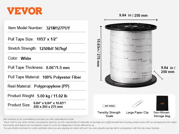 Cinta de tracción VEVOR de 1053' x 1/2", resistencia al estiramiento de 1250 lb, blanca, 100% poliéster, con dimensiones y bolsa de almacenamiento.
