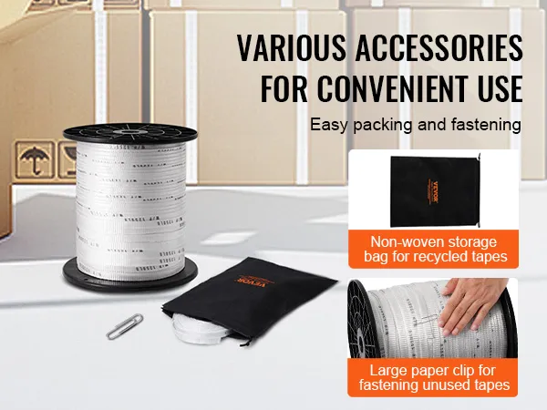 Cinta adhesiva VEVOR con varios accesorios, incluida una bolsa de almacenamiento y un clip grande para sujetarla.