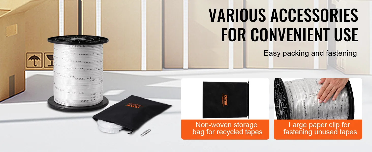 Cinta adhesiva VEVOR con varios accesorios, incluida una bolsa de almacenamiento y un clip grande para sujetarla.