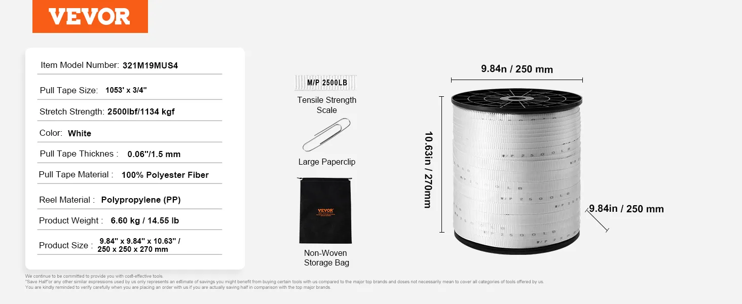 Carrete de cinta de tracción de poliéster VEVOR, 1053' x 3/4", resistencia 2500 lbf, tela 100% fibra de poliéster.