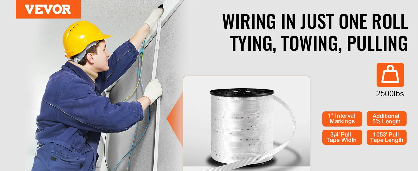 Trabajador que utiliza cinta de tracción de poliéster VEVOR para cableado, con marcas de intervalo de 1", capacidad de 2500 libras.