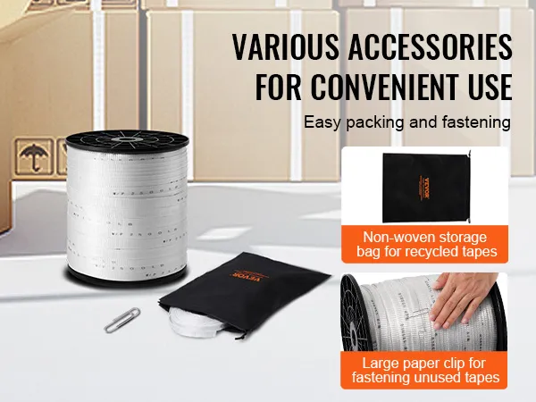 Cinta de poliéster VEVOR con carrete, bolsa de almacenamiento no tejida y clip de papel grande en una configuración de embalaje.