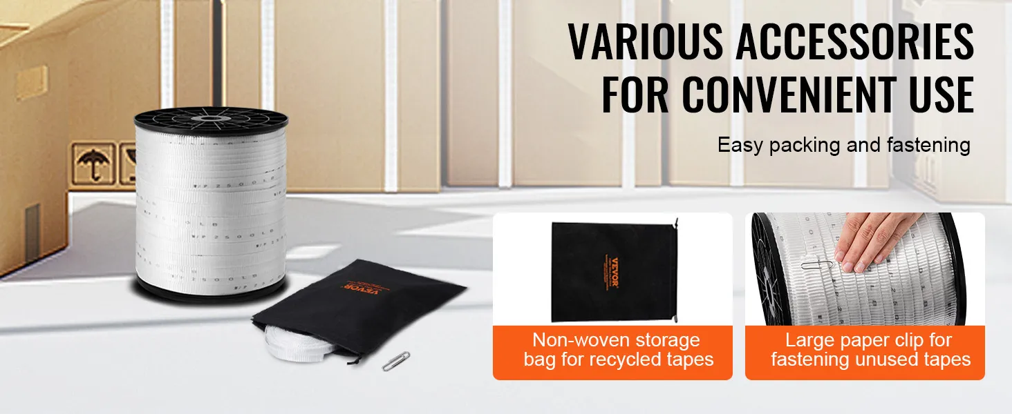 Cinta de poliéster VEVOR con carrete, bolsa de almacenamiento no tejida y clip de papel grande en una configuración de embalaje.