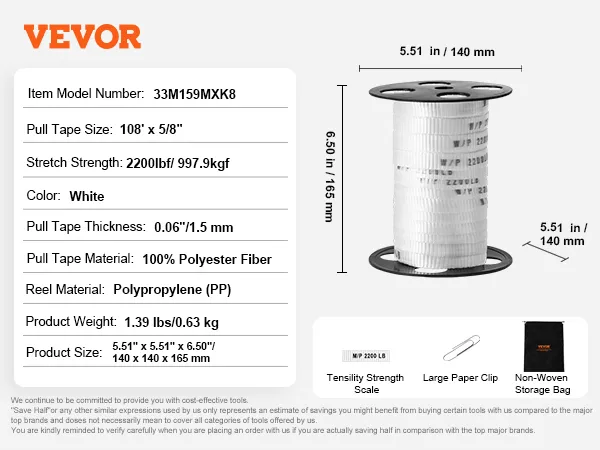 Specificaties van VEVOR polyester trekband, inclusief afmetingen, materiaal en treksterkte.