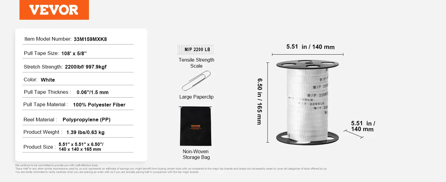 Specificaties van VEVOR polyester trekband, inclusief afmetingen, materiaal en treksterkte.