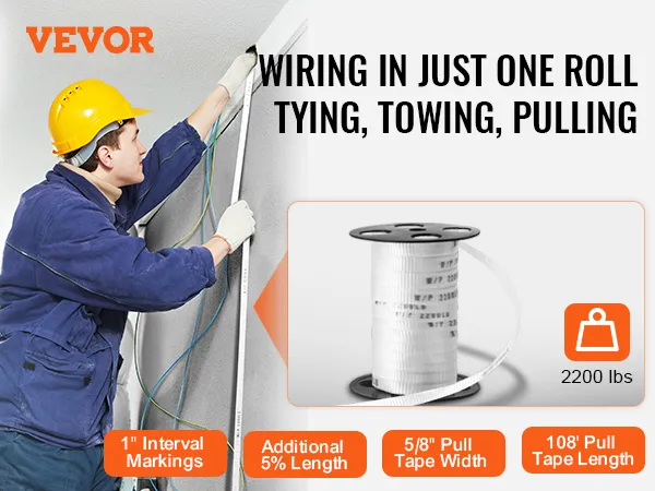 arbeider die VEVOR polyester treklint gebruikt voor bedrading, heeft een capaciteit van 2200 lbs, markeringen van 1" en een lengte van 108'.