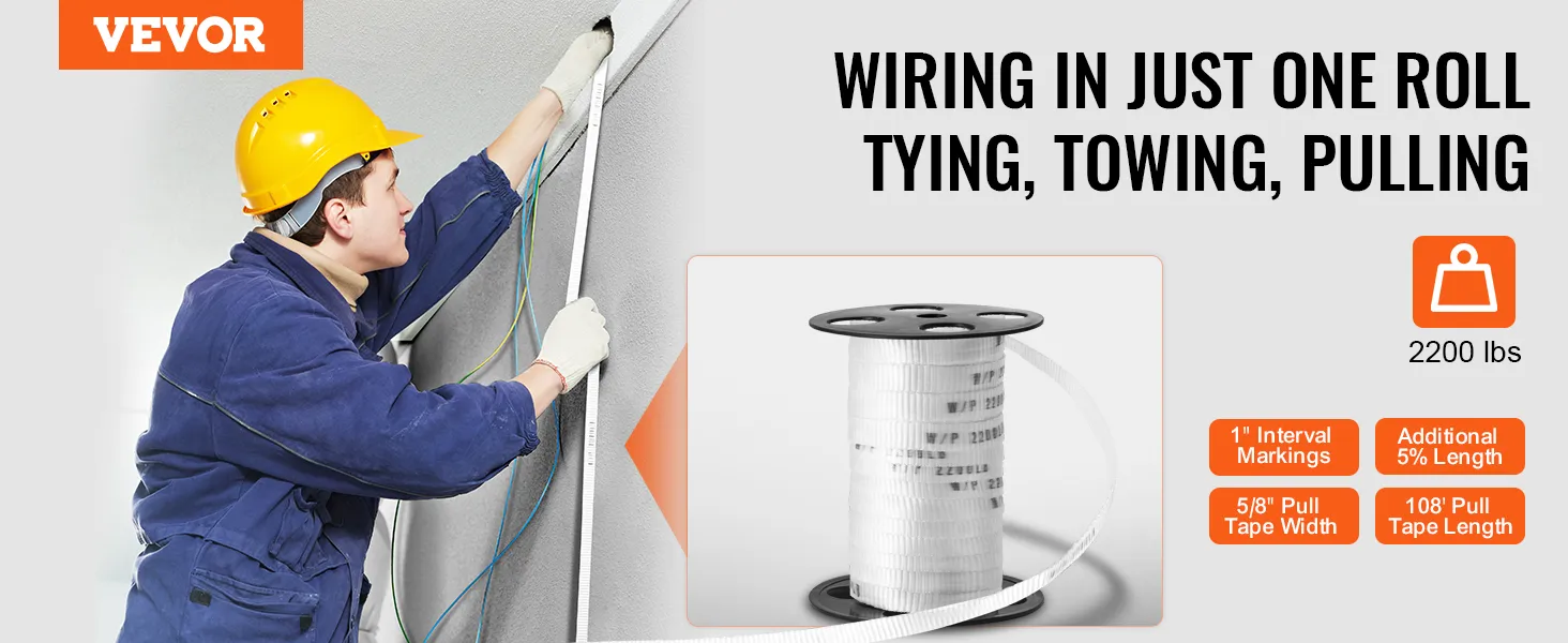 arbeider die VEVOR polyester treklint gebruikt voor bedrading, heeft een capaciteit van 2200 lbs, markeringen van 1" en een lengte van 108'.