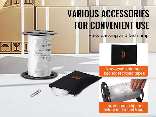 Diverse accessoires met VEVOR polyester trekband: opbergzak, grote paperclip voor eenvoudig inpakken en bevestigen.