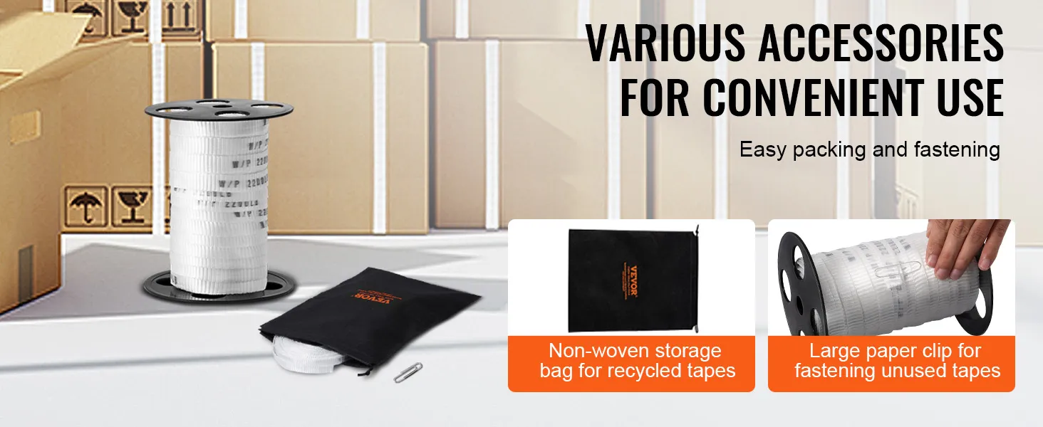 Diverse accessoires met VEVOR polyester trekband: opbergzak, grote paperclip voor eenvoudig inpakken en bevestigen.