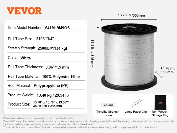 VEVOR polyester pull tape, 2103ft*3/4", 2500lbf, polypropylene reel, non-woven bag included.