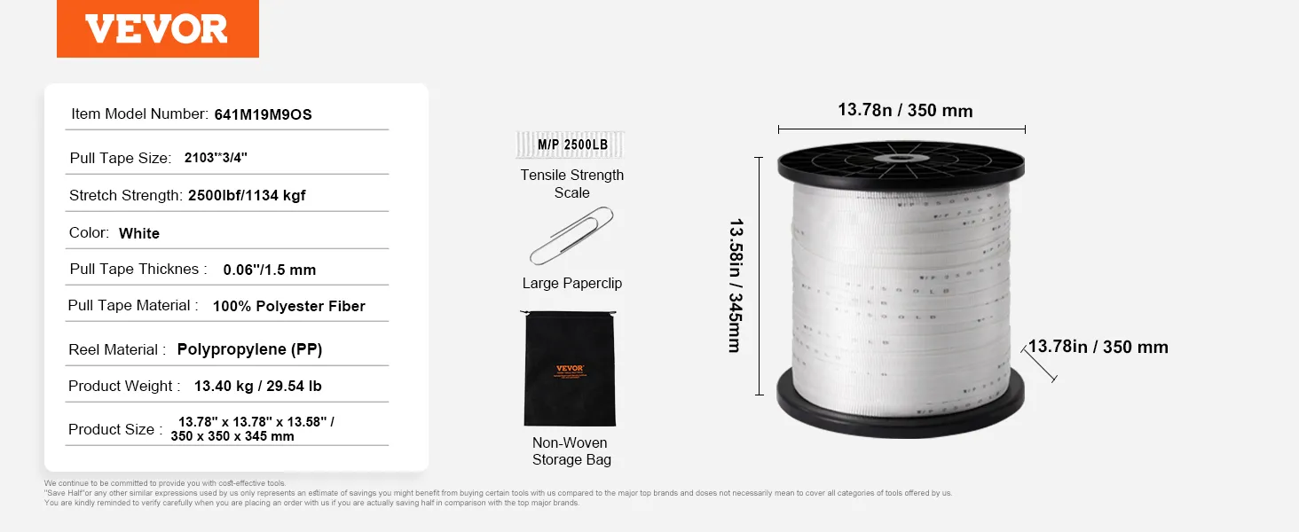 VEVOR polyester pull tape, 2103ft*3/4", 2500lbf, polypropylene reel, non-woven bag included.